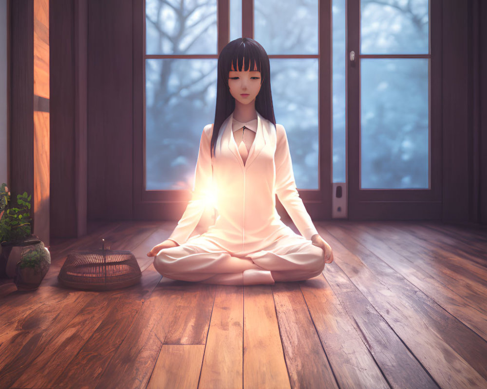 Animated character meditating with glowing heart in serene snowy landscape