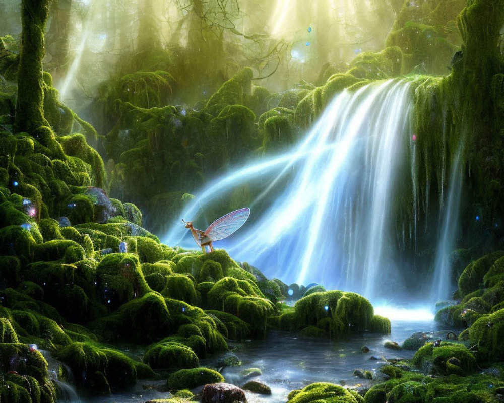 Mystical forest waterfall with sunbeams, mossy stones, and small boat scene.