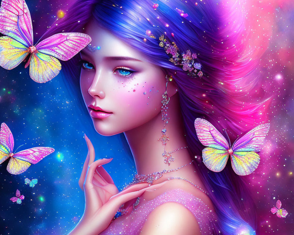 Colorful woman with blue and purple hair surrounded by stars, sparkles, flowers, and butterflies on
