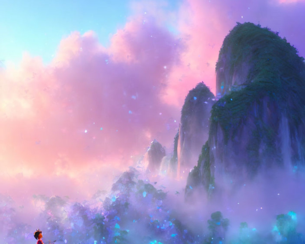 Two animated characters in elegant dresses in vibrant, fantastical landscape