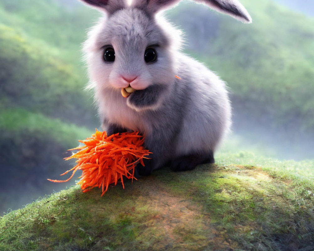 Fluffy bunny with large ears nibbling fresh carrots on grassy mound