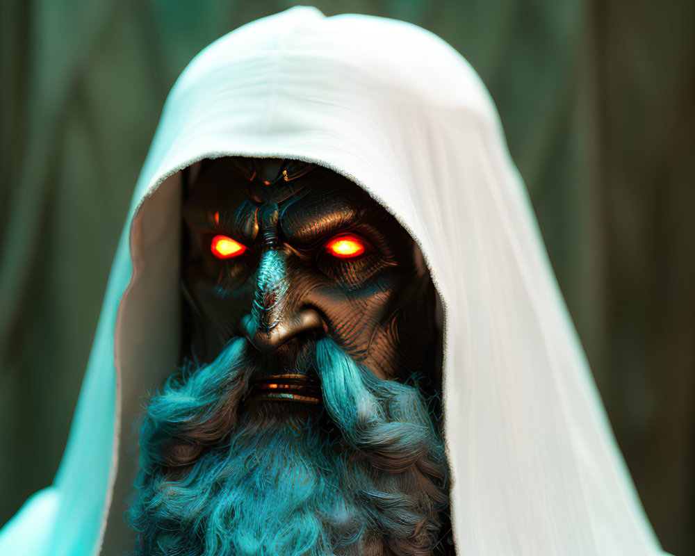 Intricately patterned figure with glowing red eyes and turquoise beard in white hood