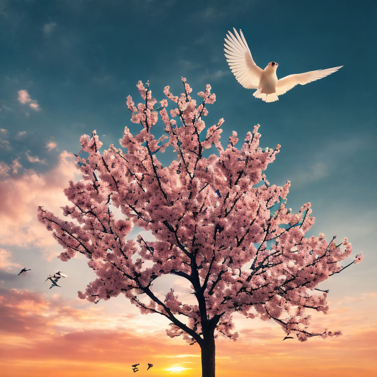 Dove flying over cherry blossom tree at sunset