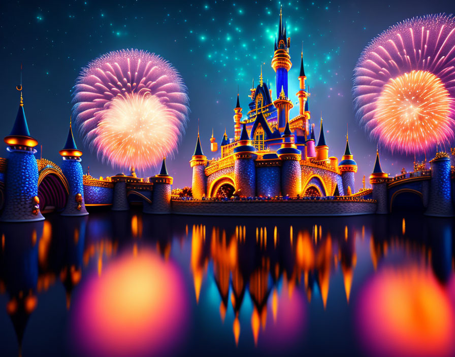 Colorful Fairytale Castle Night Illustration with Reflections & Fireworks