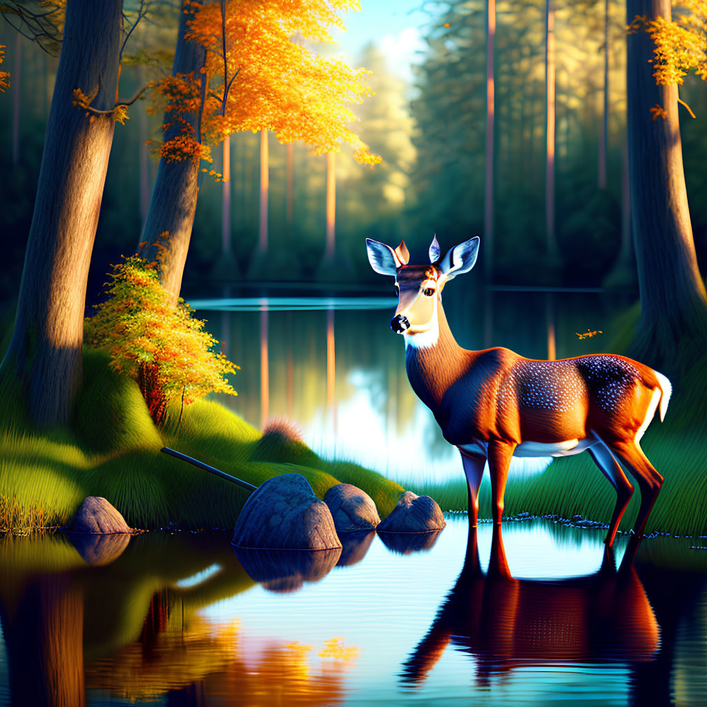 Tranquil autumnal forest scene with deer by colorful lake