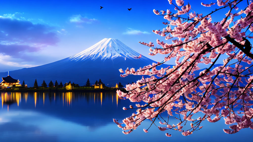 Twilight view of Mount Fuji with cherry blossoms, pagoda, and birds