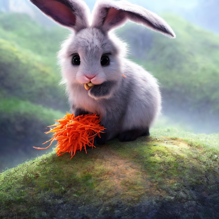Fluffy bunny with large ears nibbling fresh carrots on grassy mound