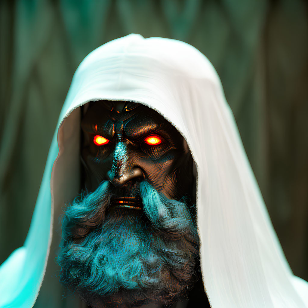 Intricately patterned figure with glowing red eyes and turquoise beard in white hood