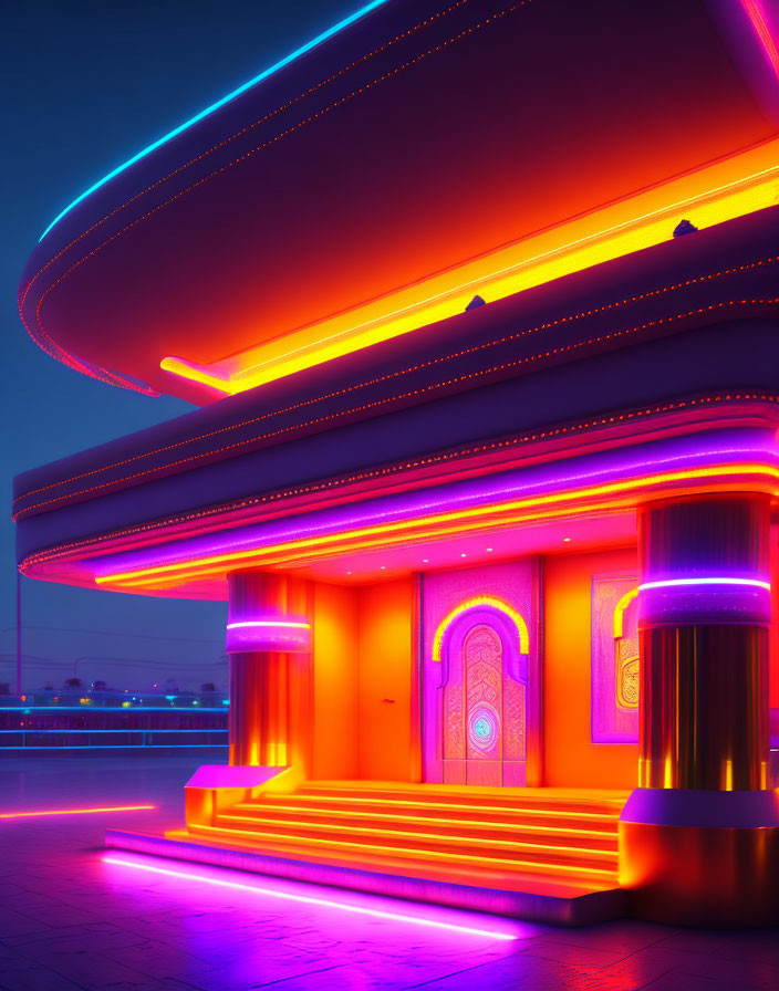 Futuristic building facade with neon pink and blue lights