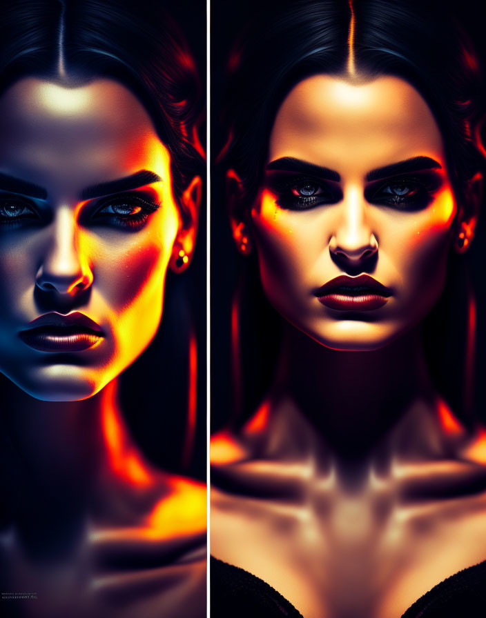 Portraits of a Woman with Striking Makeup and Intense Lighting, Divided for a Mirrored