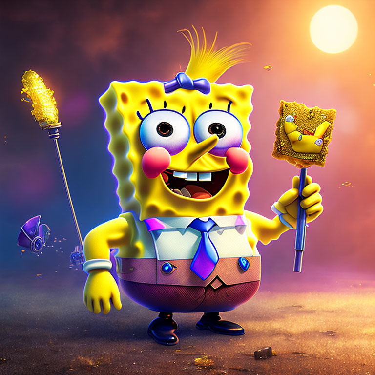 Colorful SpongeBob SquarePants with corn dog and wand in cosmic setting