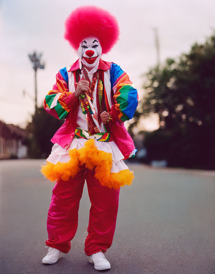 Colorful Clown Costume with Red Nose and Big Red Wig at Twilight