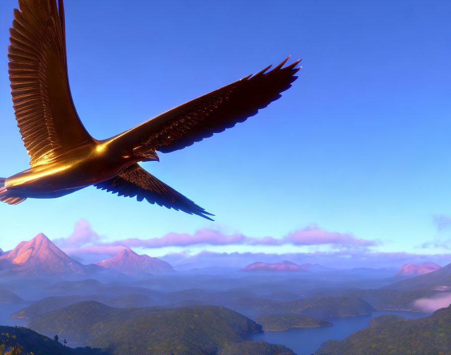 Majestic golden eagle soaring over lush green mountains and serene blue lakes