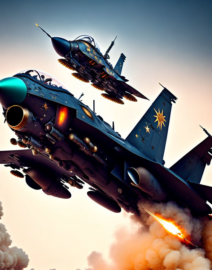 Military jets with elaborate designs flying in sunset sky, one with ignited afterburner