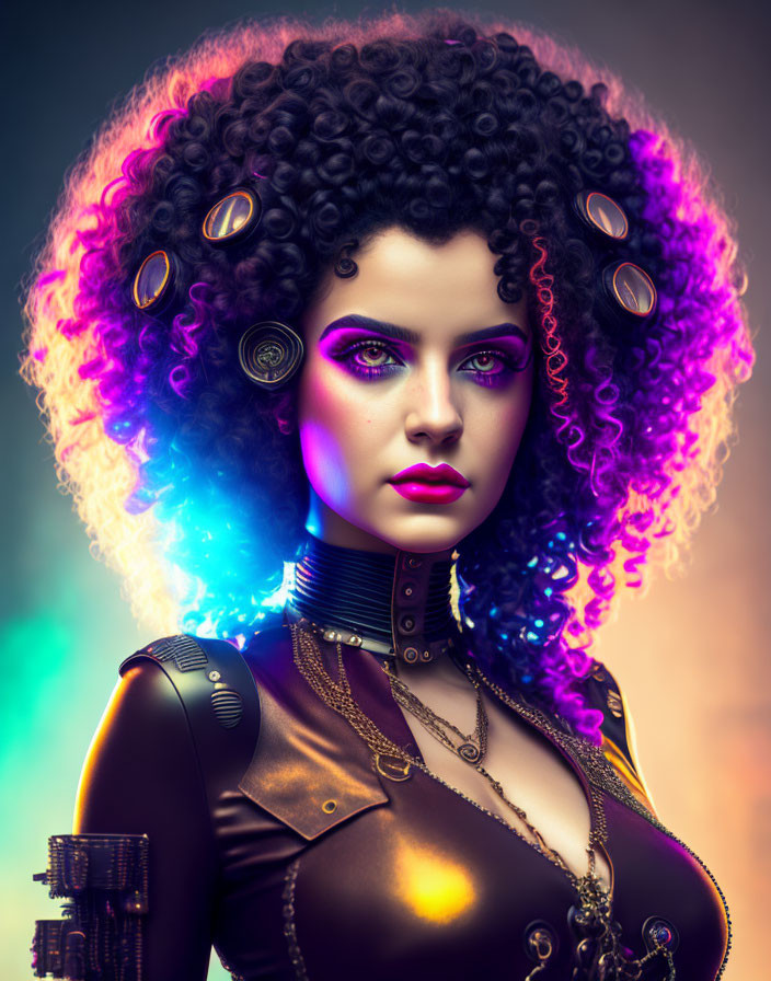 Vibrant curly hair woman in purple neon hues with futuristic attire