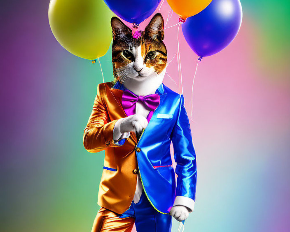 Colorful Cat in Orange and Blue Suit with Balloons on Rainbow Background