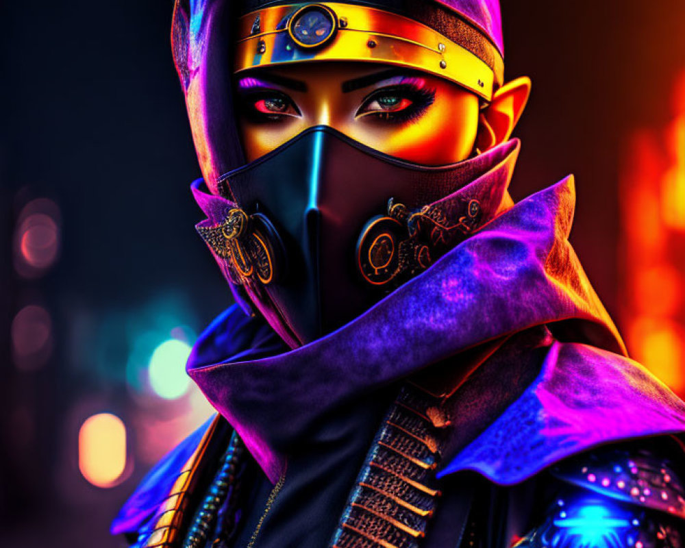 Futuristic ninja with purple headscarf and golden eyes on neon background