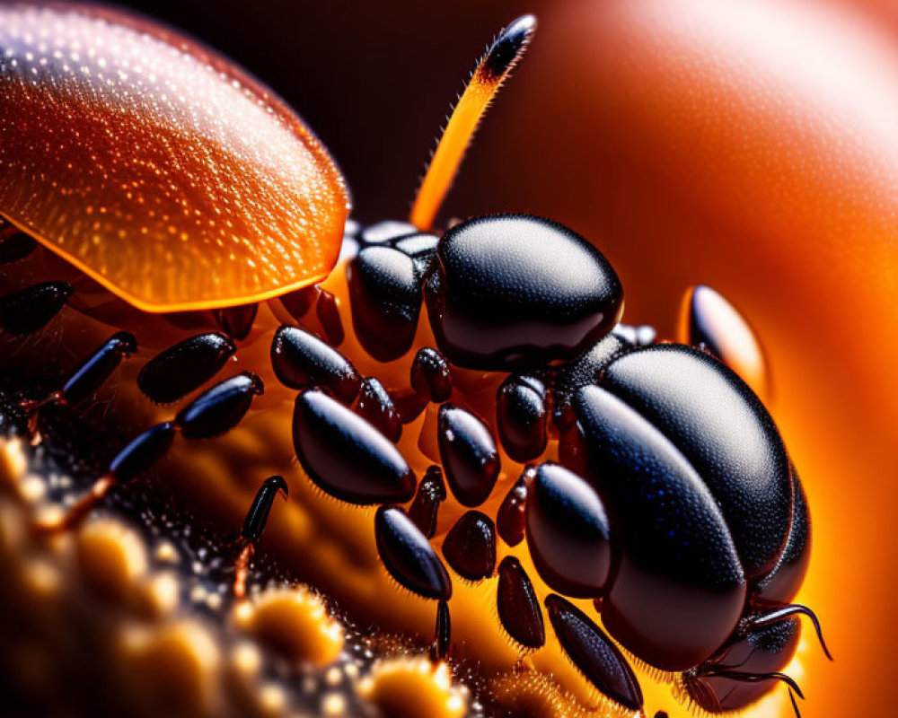 Shiny black insect with orange antennae on abstract background