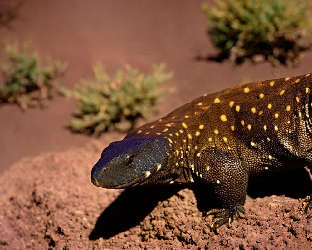 Speckled lizard with blue head and yellow dots on rocky surface