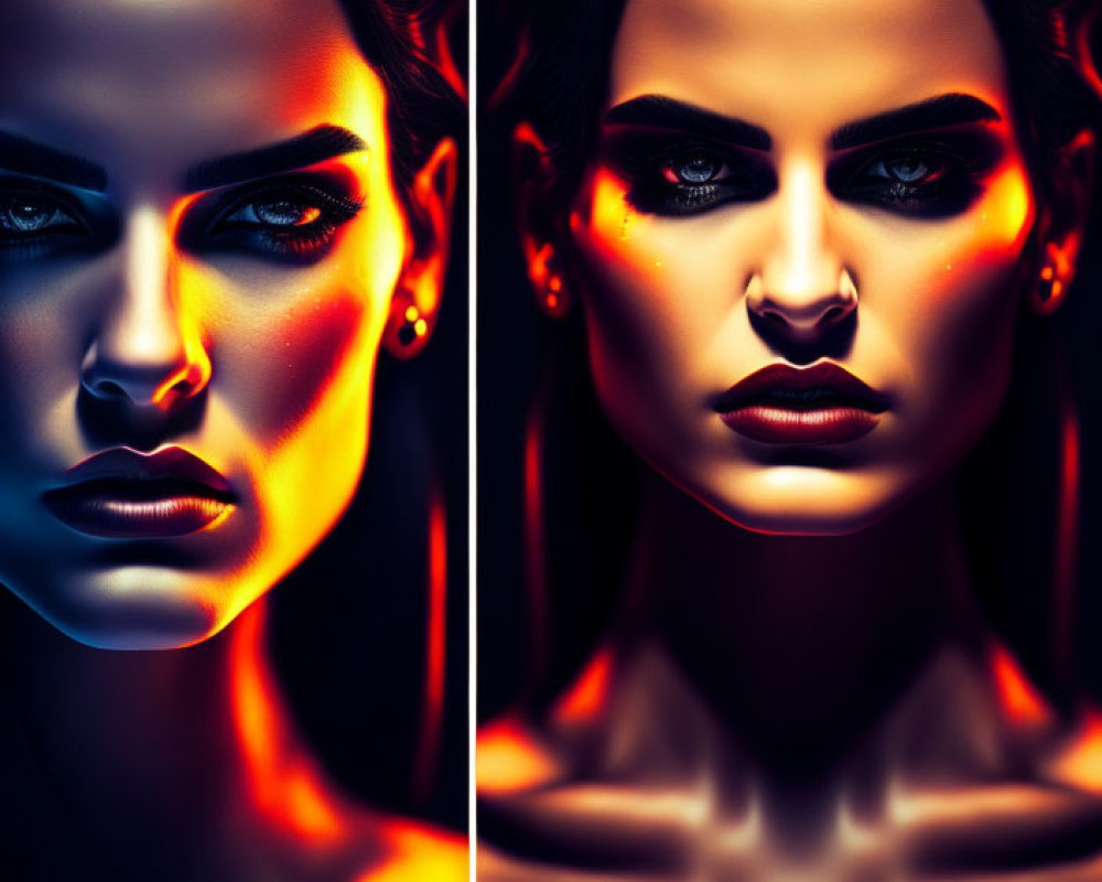 Portraits of a Woman with Striking Makeup and Intense Lighting, Divided for a Mirrored