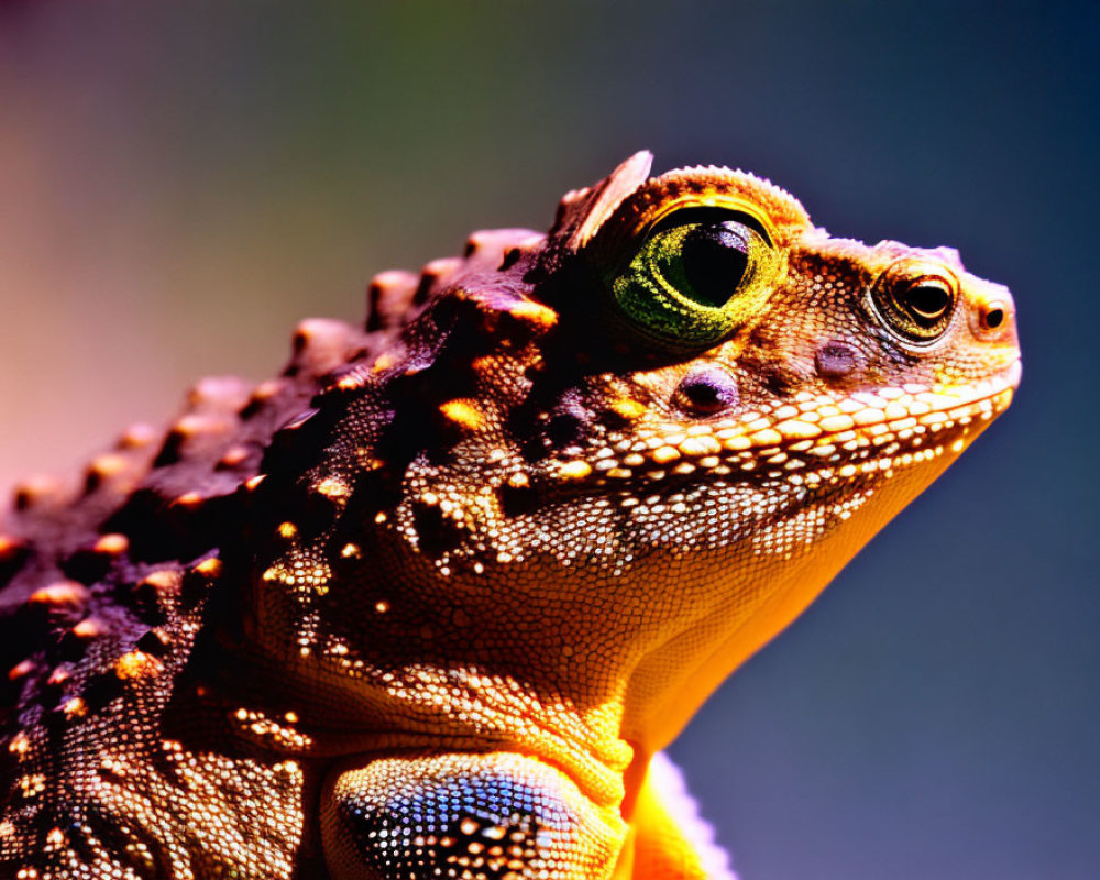Vibrant textured lizard with prominent eye on blurred background