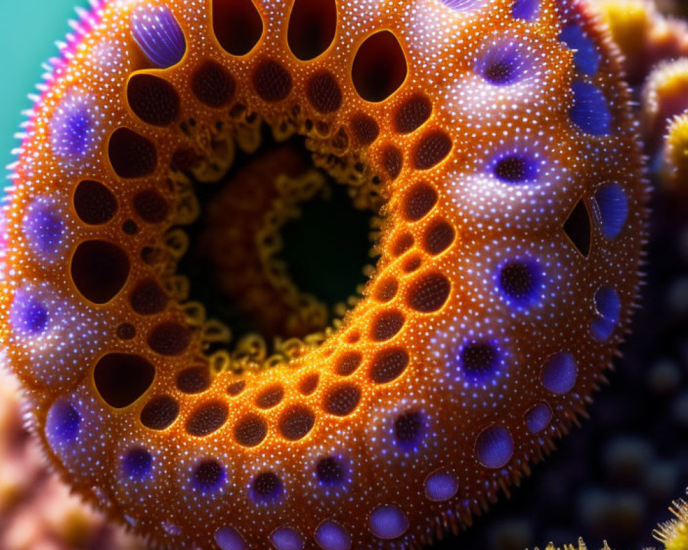 Colorful sea anemone with purple-tipped, orange tentacles in close-up view