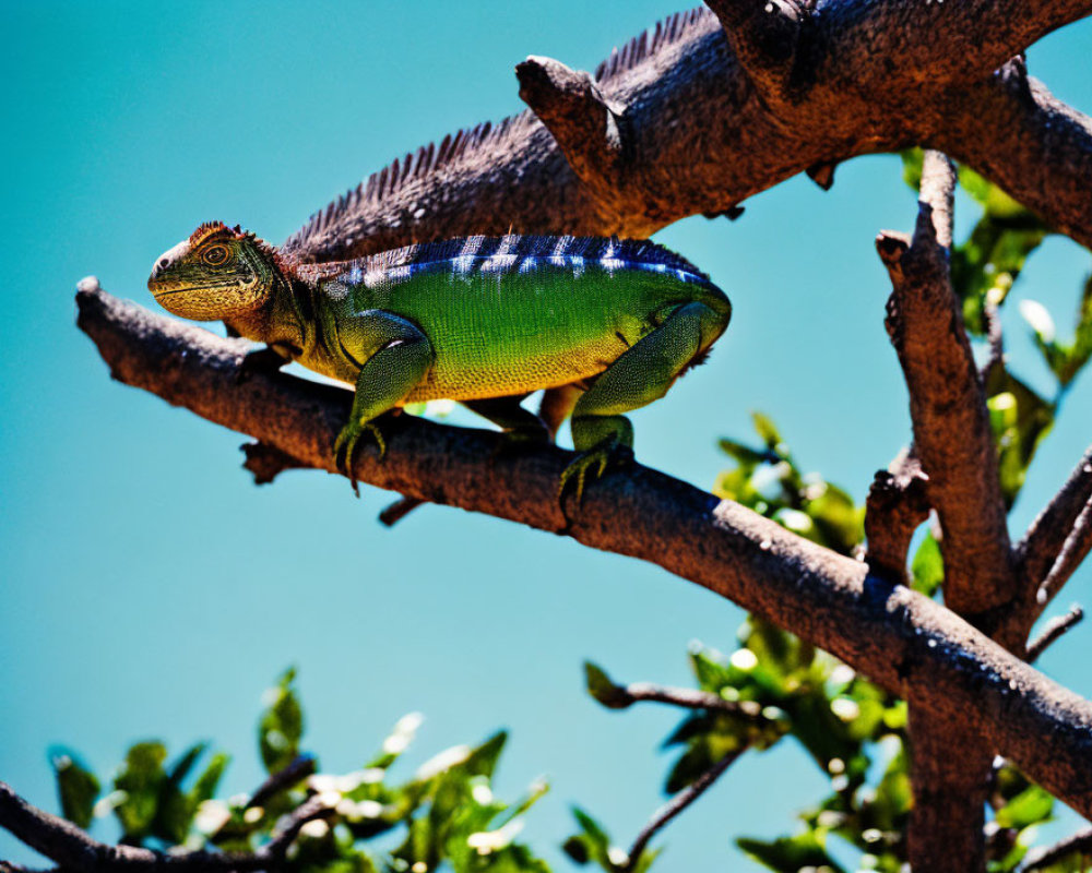 Colorful Green Lizard Resting on Tree Branch Against Blue Sky