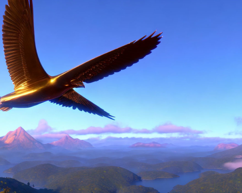 Majestic golden eagle soaring over lush green mountains and serene blue lakes