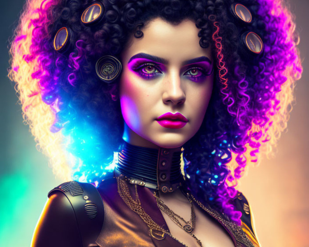 Vibrant curly hair woman in purple neon hues with futuristic attire