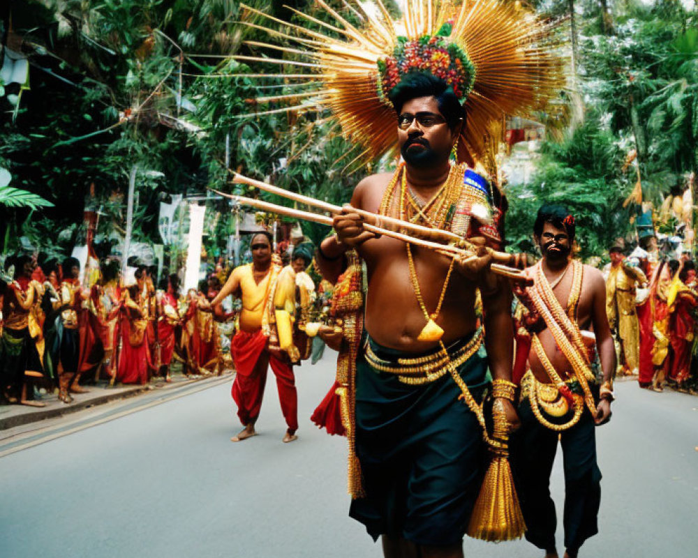 Elaborately dressed man leads traditional procession on tree-lined street
