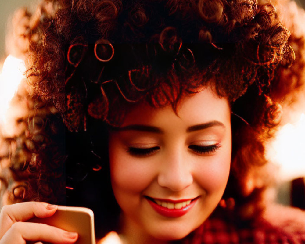 Curly Haired Woman Smiling in Red-Checked Shirt and Looking at Phone