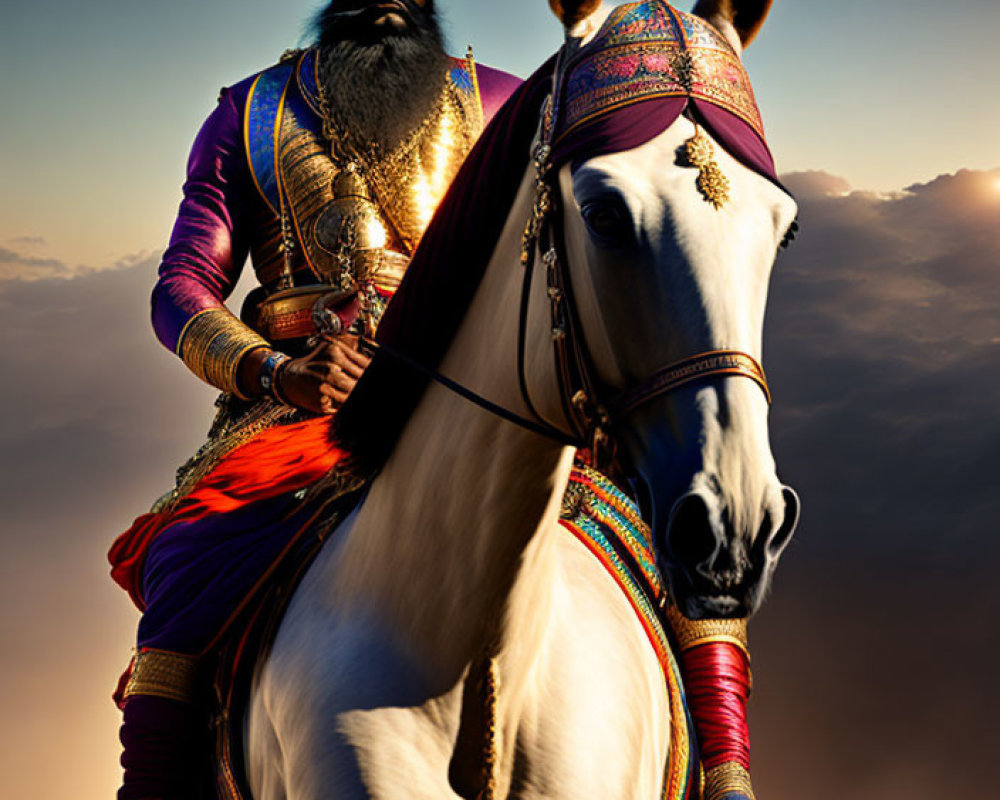 Sikh Man in Traditional Attire Riding Decorated Horse at Dusk