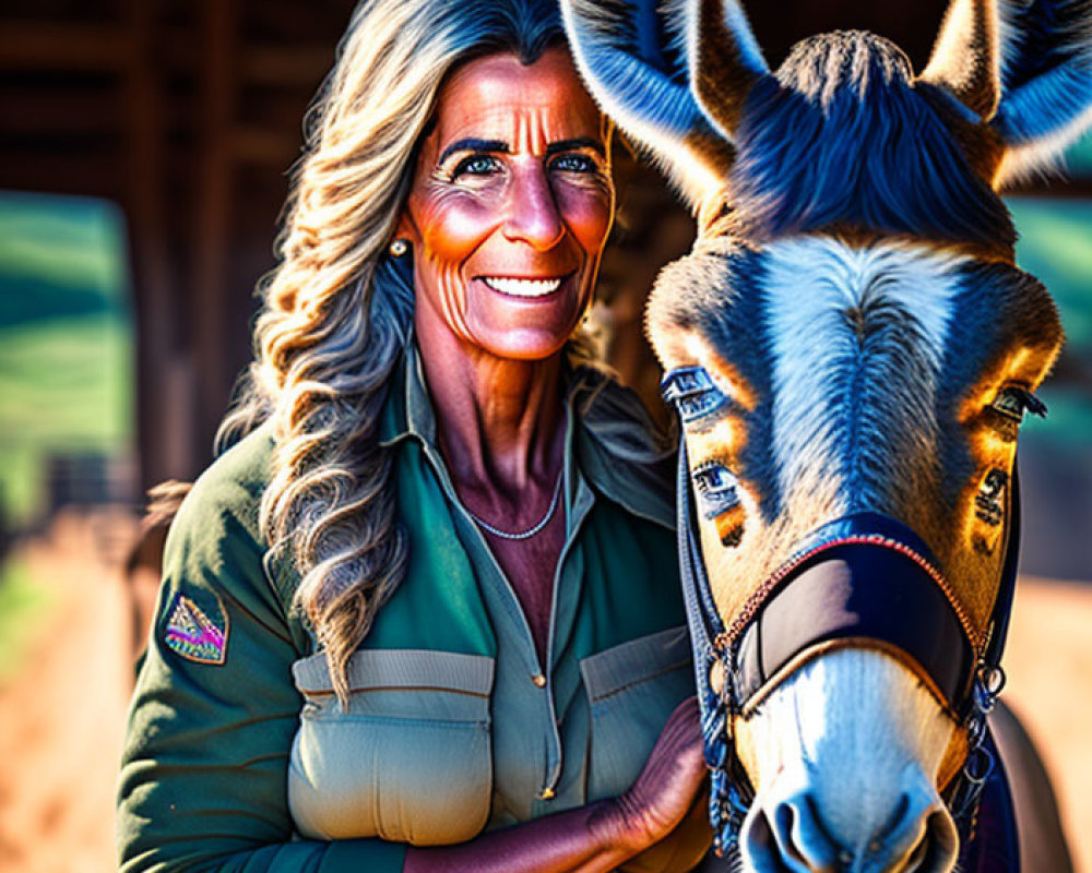 Smiling woman with long gray hair beside a donkey in rustic barn setting
