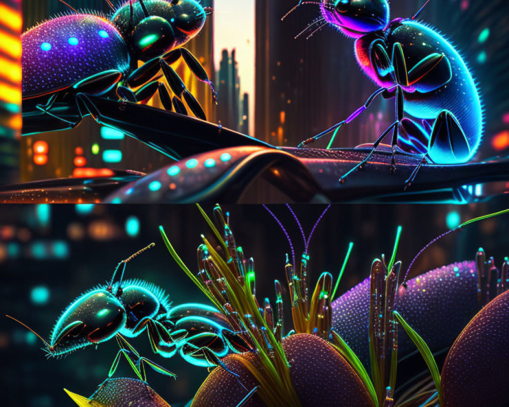 Futuristic glowing ants in neon-lit cityscape at dusk