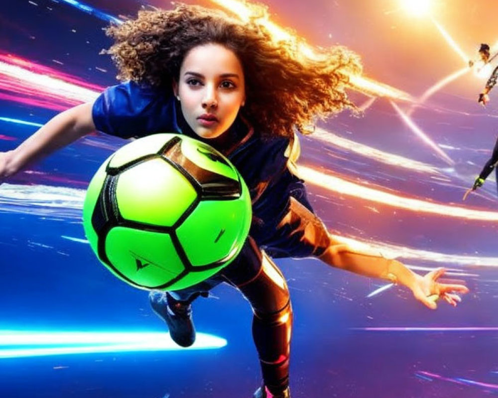 Person with voluminous curly hair in athletic gear kicking soccer ball in dynamic image
