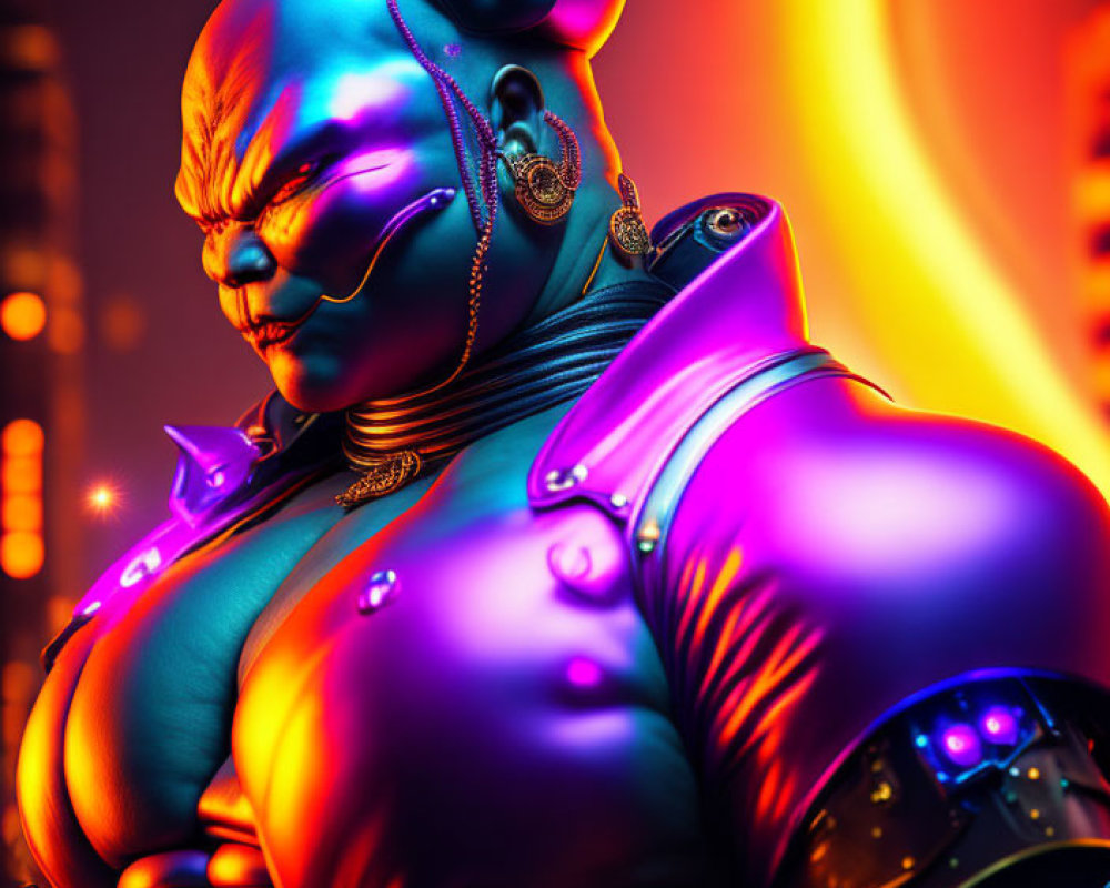 Colorful Stylized Blue Character in Purple Armor on Orange Background