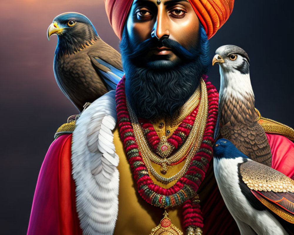 Traditional Sikh attire illustration with turban, beard, regal jewelry, and majestic birds.