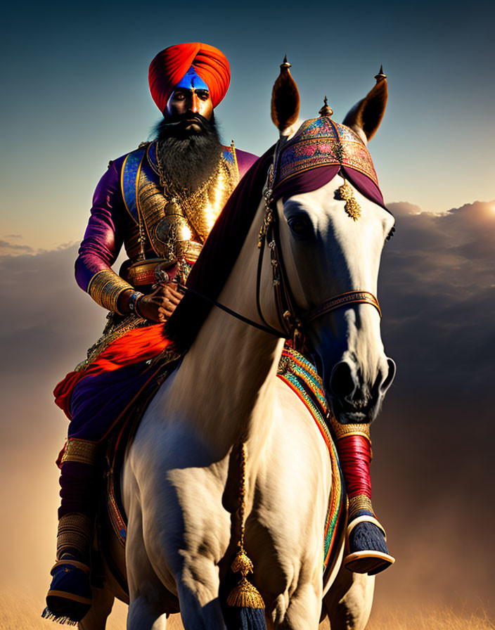 Sikh Man in Traditional Attire Riding Decorated Horse at Dusk