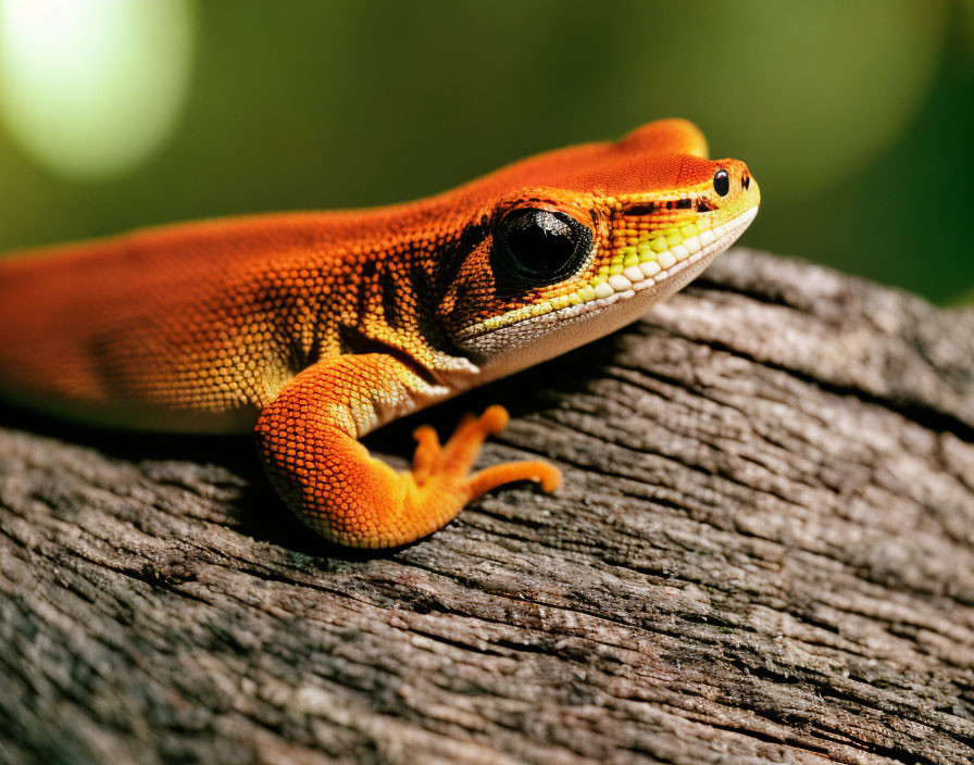 Orange Lizard Resting on Textured Tree Branch in Natural Light