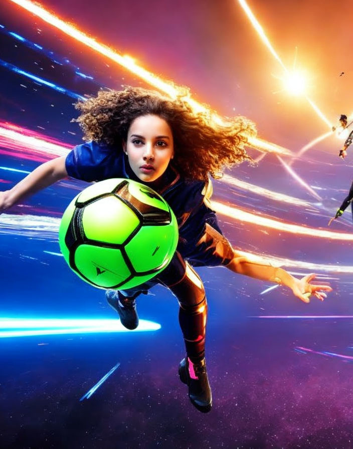 Person with voluminous curly hair in athletic gear kicking soccer ball in dynamic image