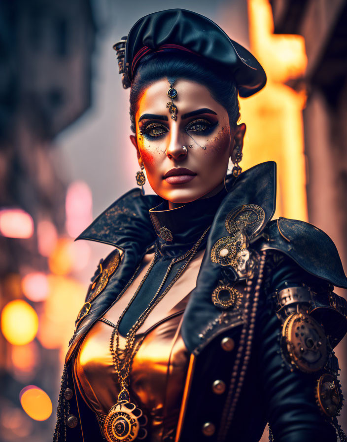 Steampunk-inspired woman in dramatic makeup and outfit against cityscape at dusk