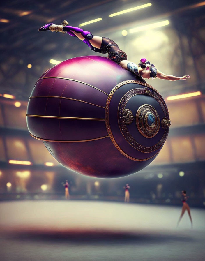 Woman balancing on ornate sphere in surreal arena with tiny figures.