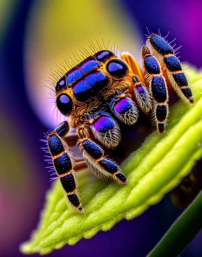 Colorful iridescent jumping spider on green leaf with blurred background