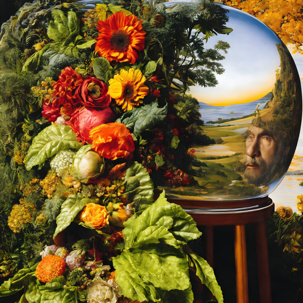 Colorful Flower Still Life with Reflective Sphere Featuring Man's Face and Landscape