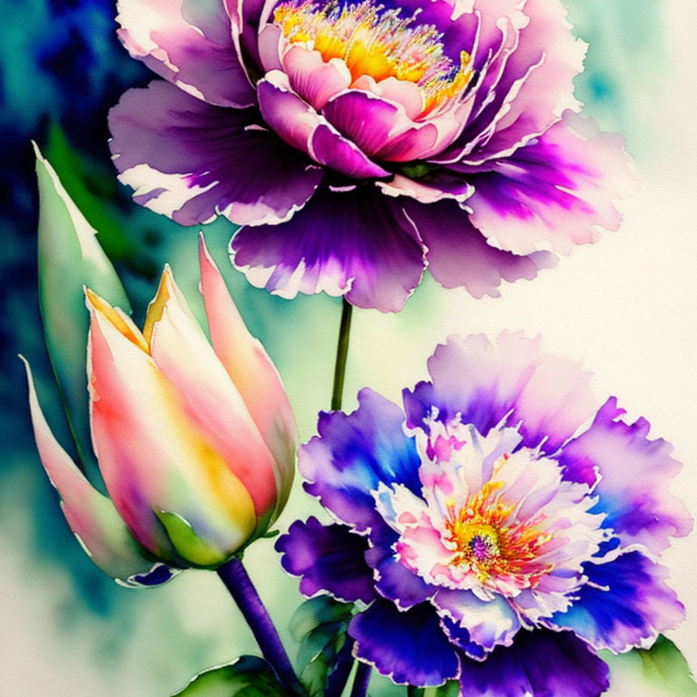 Colorful Watercolor Painting of Purple Peonies and Bud on Soft Background