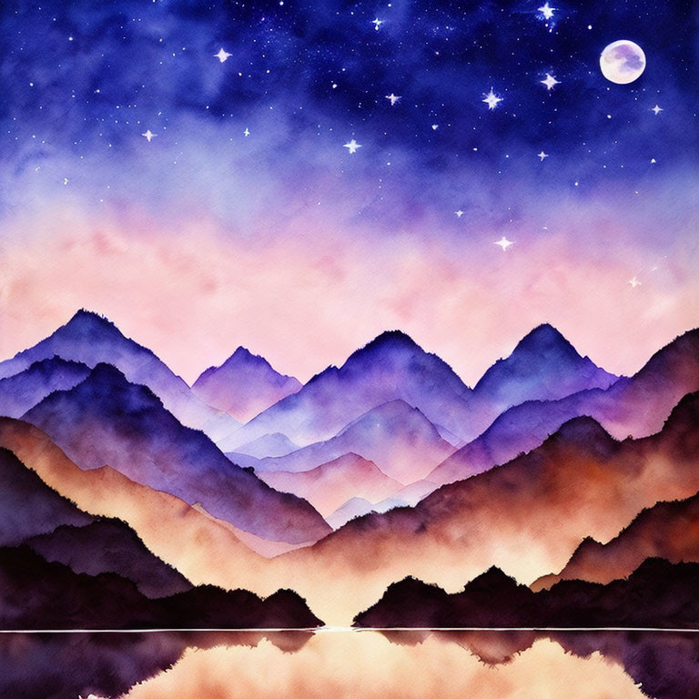 Serene Night Scene: Purple Mountains, Starry Sky, Reflecting Lake