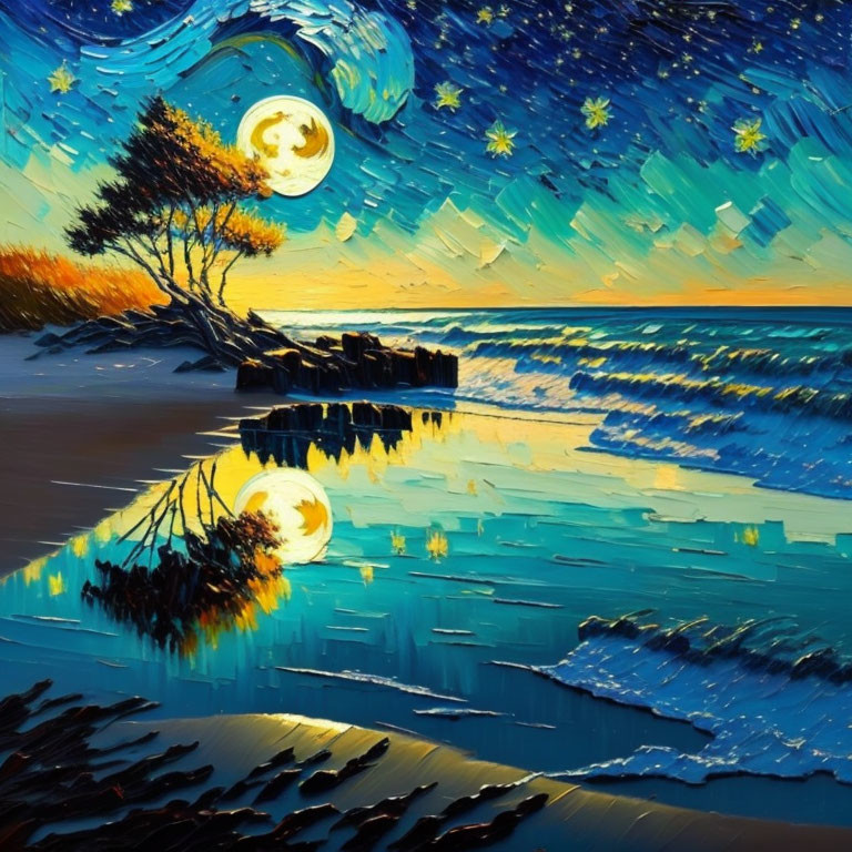 Night Seascape Painting with Glowing Moon, Stars, and Windswept Tree