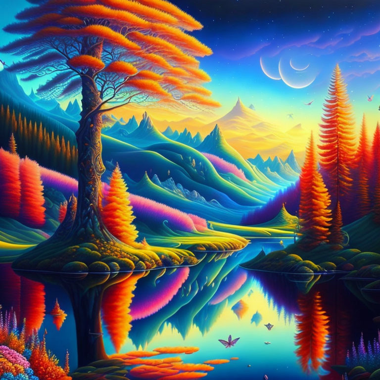 Colorful Landscape with Glowing Tree and Neon Hills at Twilight