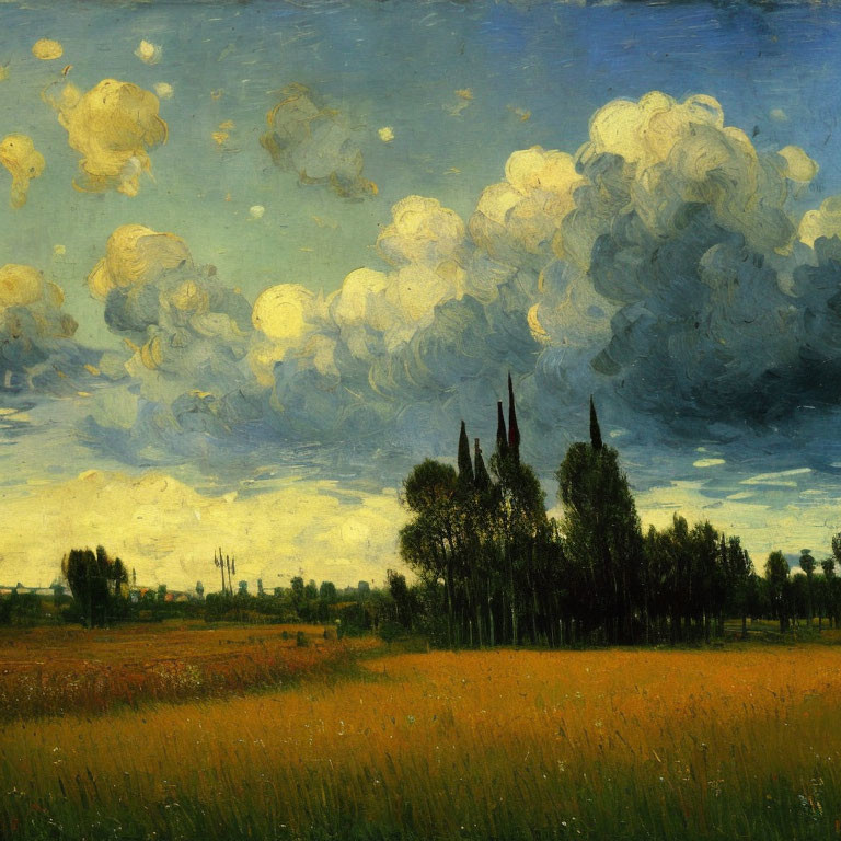 Field landscape painting with orange and green hues and dramatic sky.