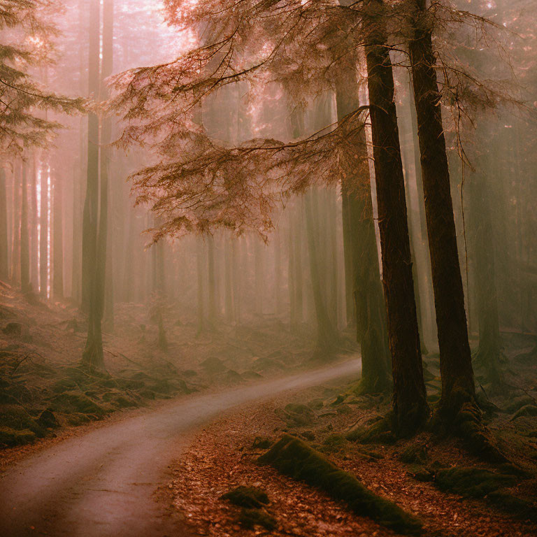 Misty forest with tall trees and warm glow on winding path